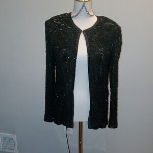 Chic Black Beaded Open-Front Blazer